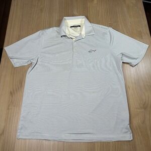 Greg Norman Polo Shirt LG Play Dry Golf Shark Short Sleeve Yellow Blue Stripes